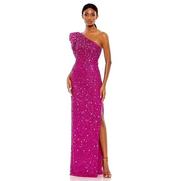 Mac Duggal Hot Pink Beaded Sequined Puff Sleeve One Shoulder Gown Dress Size 10 - Picture 1 of 16